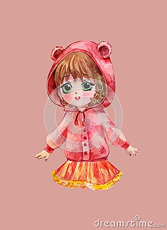 Chibi girl in red hoodie. Little anime child Cartoon Illustration