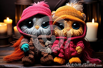 Chibi knit night owls standing next to each other, Toys Inspirations Stock Photo