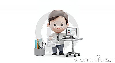 Chibi Software Tester 3D Render: Male Character with Document and Computer on White Background Cartoon Illustration