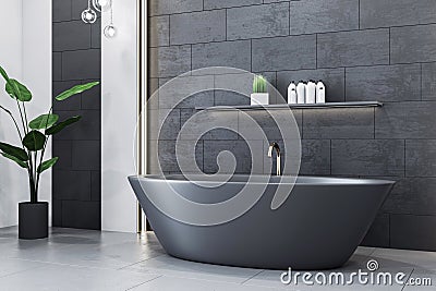 Chic bathroom interior with tiled wall, freestanding bathtub, and plants. 3D Rendering Stock Photo