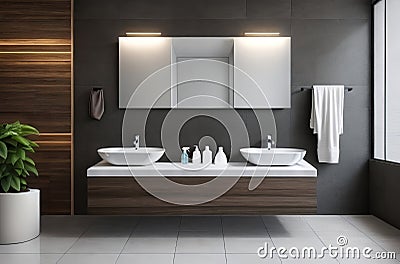 Chic Bathroom Interior: Gray and Brown Walls, Black Countertop, Mirror, Plants, and Parquet Floor. Stock Photo