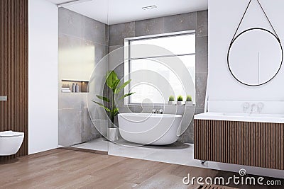 Chic bathroom interior with marble walls, wooden accents, and a cityscape view. Serene design concept. Stock Photo