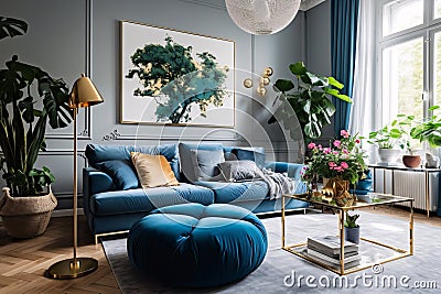 Chic Blue Velvet Sofa in Contemporary Living Room Stock Photo