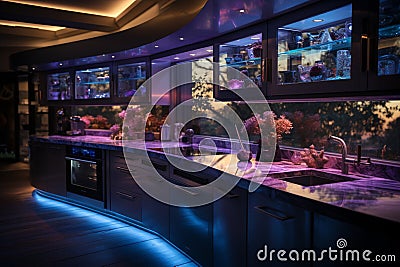 Chic and bold kitchen design enhanced by the mesmerizing purple LED lighting Stock Photo