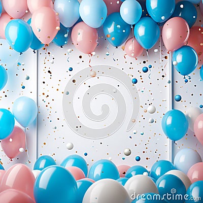 Chic border surrounded by sky hued balloons and scattered confetti Stock Photo