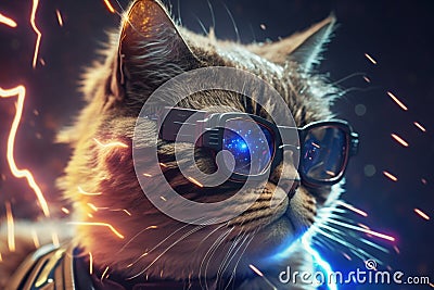 Chic cat, glasses, funny, fashion, wallpaper, poster. Generative AI . Stock Photo