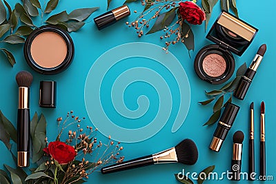 Chic cosmetics Womens beauty products arranged on a captivating blue Stock Photo