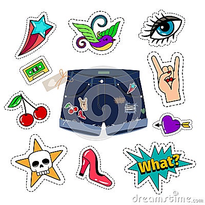 Chic denim shorts with patch set Vector Illustration