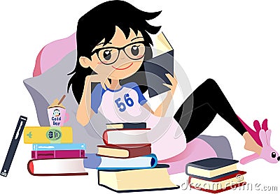 Chic Girl reading a book. Cute Vector clip art Woman black hair with glasses. Stock Photo