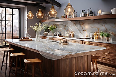 Chic kitchen design boasting a stunning marble countertop and bright ambiance Stock Photo