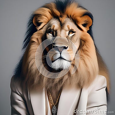 A chic lion in fashionable attire, posing for a portrait with a regal and commanding presence3 Stock Photo