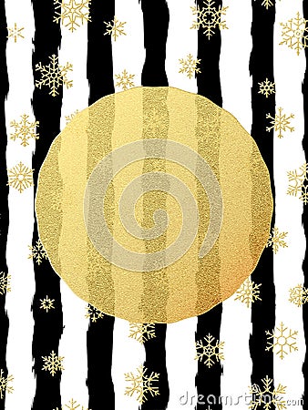 Chic and luxury Christmas postcard with gold glitter foil greeting card. Black stripes, snowflakes, golden glittering Vector Illustration