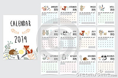 Chic monthly calendar 2019 with squirrel, fox, bear, skunk ,porcupine, penguin and wild Vector Illustration