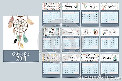 Chic monthly calendar 2019 with tent,whale,feather,arrow,dreamcatcher,bear,rabbit,cake,flower and wild in boho and bohemian style Vector Illustration