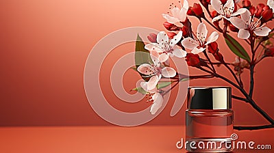 Chic perfume bottle surrounded by delicate spring blossoms on a warm red backdrop. Stock Photo
