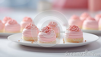 Chic plate with small pink cakes with soft focus Stock Photo