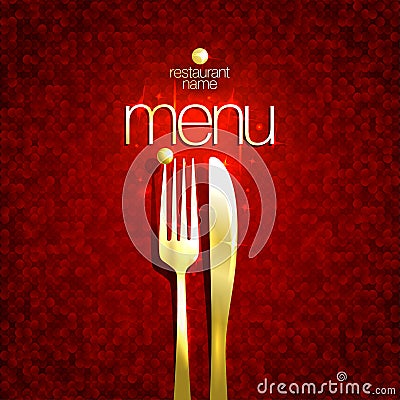 Chic restaurant menu card, golden fork and knife, mosaic deep red backdrop Vector Illustration