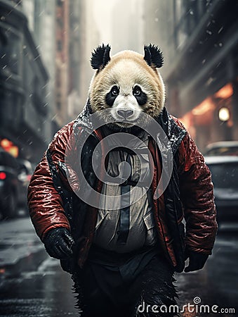 Chic Urban Panda: A Modernly Dressed Panda Strolling Through the City Streets Stock Photo