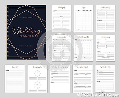 Chic Wedding planer organizer with checklist, wish list, party time etc. Floral diary design for wedding organisation. Vector Vector Illustration