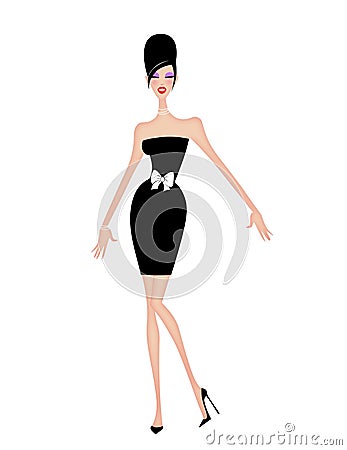 Chic Young Woman In a Short Black Cocktail Dress Cartoon Illustration