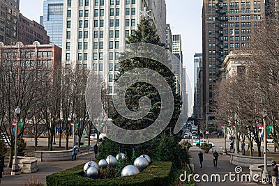 Chicago Christmas Tree at Millennium Park along Michigan Avenue in Chicago Editorial Stock Photo