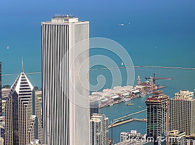 Chicago city downtown with modern buildings and Navy Pier Editorial Stock Photo