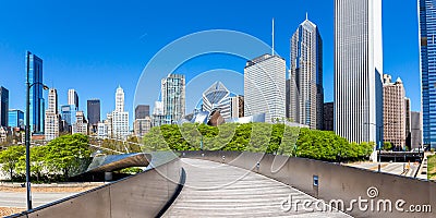 Chicago city downtown skyline skyscraper and BP Pedestrian Bridge panorama in the United States Editorial Stock Photo