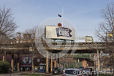 Chicago Cubs center field marquee on the northeast corner of Wrigley field. Wrigley Field has been home to the Cubs since 1916 Editorial Stock Photo