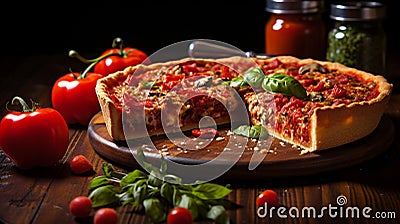 Chicago deep-dish pizza, a thick, buttery crust with layers of cheese, sauce, sausage and peppers Stock Photo