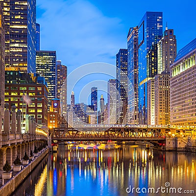 Chicago downtown and Chicago River Stock Photo