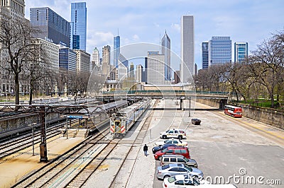 CHICAGO,IL - MAY 5, 2011 - Van Buren St. Metra station with Chicago skyline in background Editorial Stock Photo