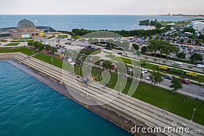 Filming a scene of Chicago Fire on the Adler Planetarium Skyline Editorial Stock Photo