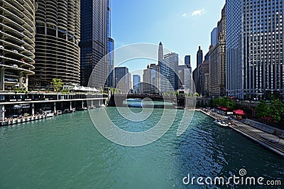 Chicago River and riverfront buildings, Chicago, Illinois. Editorial Stock Photo