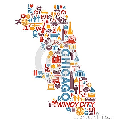 Chicago Illinois city icons and attractions map Vector Illustration