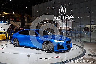 Blue Acura Type S concept sports car displayed at McCormick Place Editorial Stock Photo
