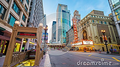 Chicago Theatre Marquee. CHICAGO, ILLINOIS - MAY 10, 2018: The landmark Chicago Theatre on State Street at twilight. The historic theater dates from 1921 Chicago Theatre Marquee. CHICAGO, ILLINOIS - MAY 10, 2018: The landmark Chicago Theatre on State Street at twilight. The historic theater dates from 1921