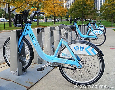 Chicago, Illinois, U.S - October 13, 2018 - Divvy bicycle rentals on its station to get around the city Editorial Stock Photo