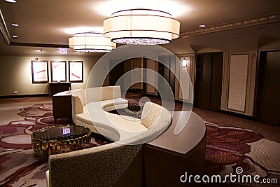 CHICAGO, ILLINOIS, UNITED STATES - May 12, 2018: Sofa in elevator lobby inside luxury hotel on Michigan Avenue Editorial Stock Photo