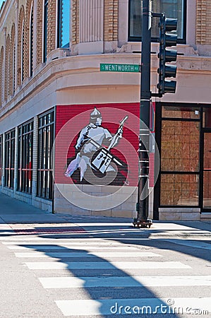 Chicago: murals, traffic light and zebra crossing in Chinatown on September 23, 2014 Editorial Stock Photo