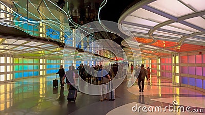 Chicago O Hare Airport modern terminal with colorful lighting - CHICAGO, UNITED STATES - OCTOBER 27, 2023 Editorial Stock Photo
