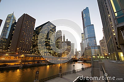 Chicago River at Night Stock Photo