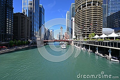 Chicago River and riverfront buildings, Chicago, Illinois. Editorial Stock Photo