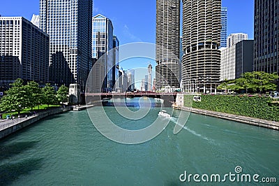 Chicago River and riverfront buildings, Chicago, Illinois. Editorial Stock Photo