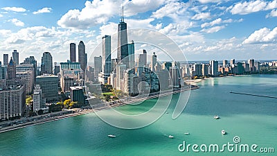 Chicago skyline aerial drone view from above, lake Michigan and city of Chicago downtown skyscrapers cityscape, Illinois, USA Stock Photo