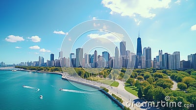 Chicago skyline aerial drone view from above, lake Michigan and city of Chicago downtown skyscrapers Stock Photo