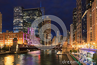 Chicago Skyline, skyscraper and river at night Stock Photo