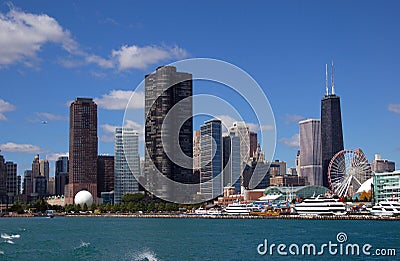 Chicago skyline with Navy Pier Editorial Stock Photo