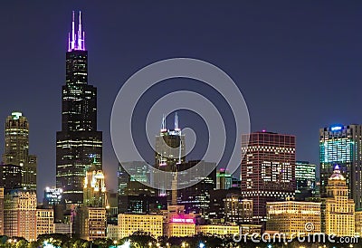 Chicago Skyline including a tribute to the Chicago Police Department on the buildings Editorial Stock Photo