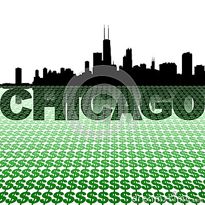 Chicago skyline reflected with dollar symbols Cartoon Illustration