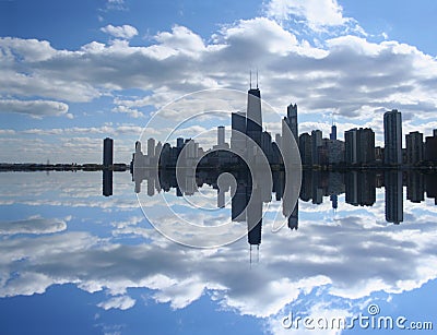 Chicago Skyline reflected in Lake Stock Photo